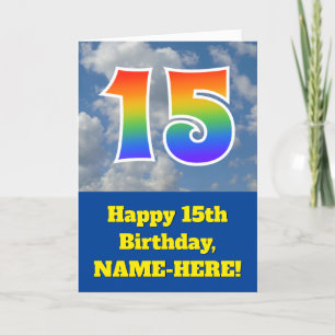 Carte Ciel bleu nuageux, Motif arc-en-ciel "15" Annivers