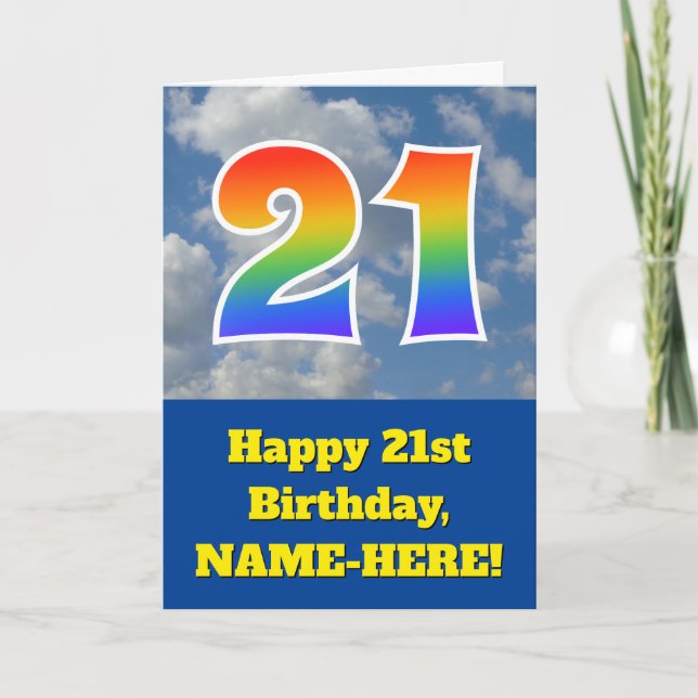 Carte Ciel bleu nuageux, Motif arc-en-ciel "21" Annivers (Devant)