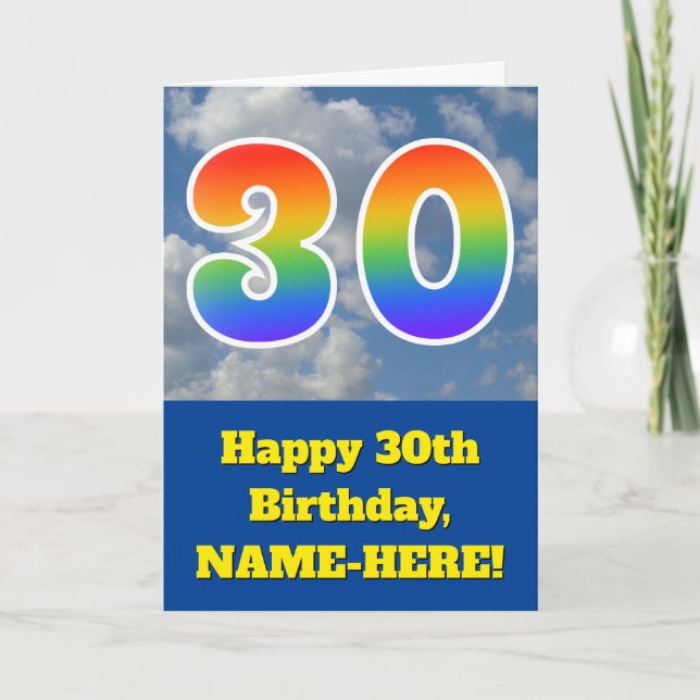 Carte Ciel bleu nuageux, Motif arc-en-ciel "30" Annivers (Devant)