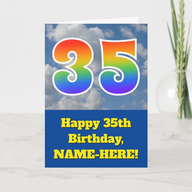 Carte Ciel bleu nuageux, Motif arc-en-ciel "35" Annivers (Devant)