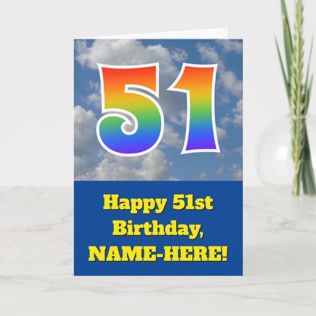 Carte Ciel bleu nuageux, motif arc-en-ciel "51" Annivers (Devant)
