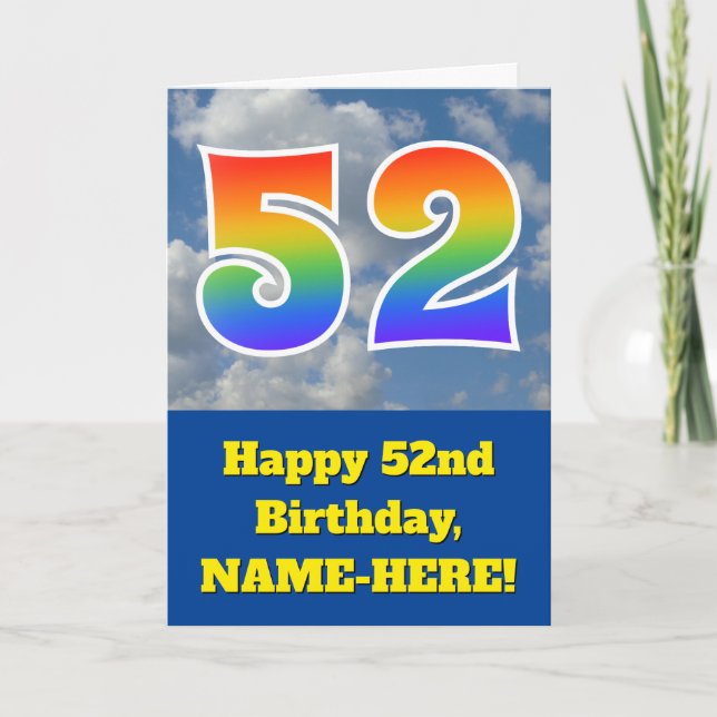 Carte Ciel bleu nuageux, Motif arc-en-ciel "52" Annivers (Devant)