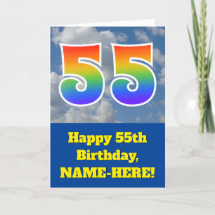 Carte Ciel bleu nuageux, Motif arc-en-ciel "55" Annivers