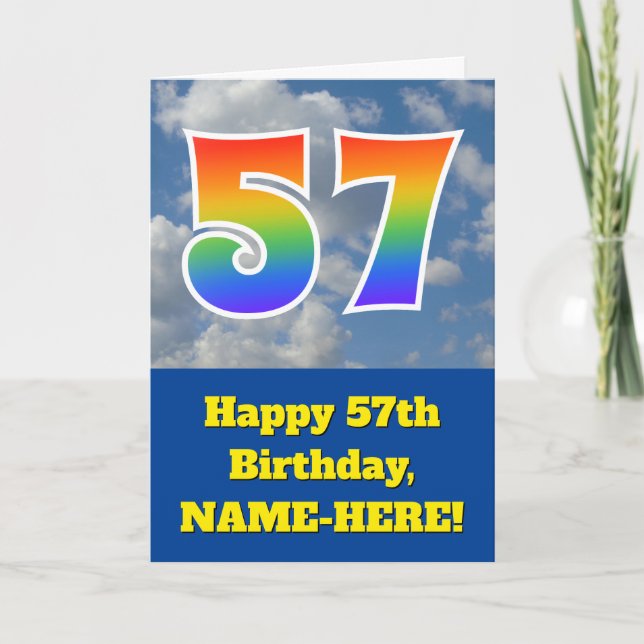 Carte Ciel bleu nuageux, Motif arc-en-ciel "57" Annivers (Devant)