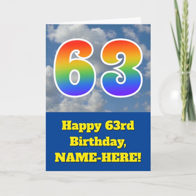 Carte Ciel bleu nuageux, Motif arc-en-ciel "63" Annivers (Devant)