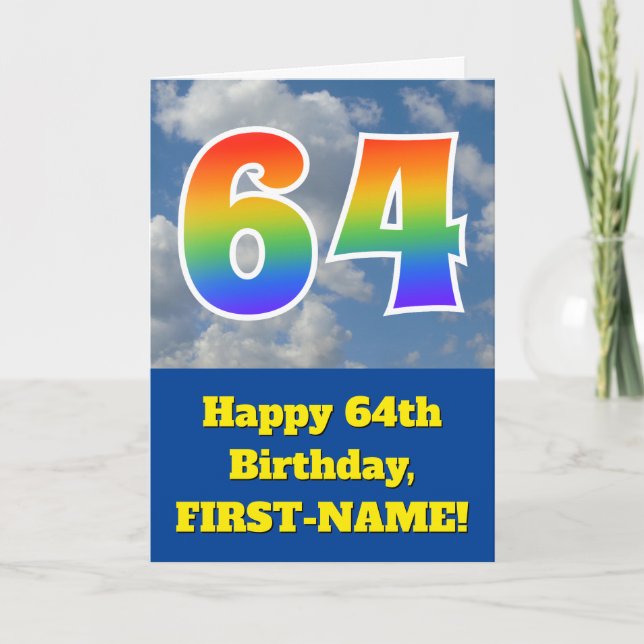 Carte Ciel bleu nuageux, Motif arc-en-ciel "64" Annivers (Devant)