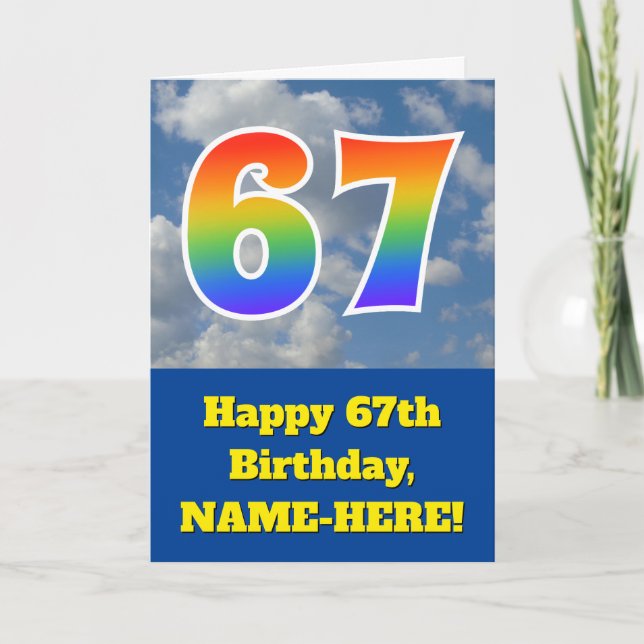 Carte Ciel bleu nuageux, motif arc-en-ciel "67" Annivers (Devant)