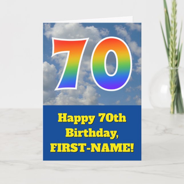 Carte Ciel bleu nuageux, Motif arc-en-ciel "70" Annivers (Devant)