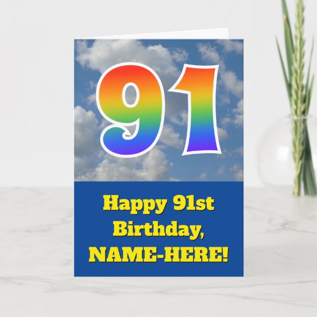 Carte Ciel bleu nuageux, Motif arc-en-ciel "91" Annivers (Devant)