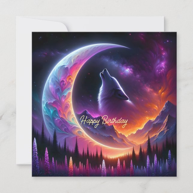 Carte Ciel nocturne Loup howl croissant de lune Annivers (Devant)
