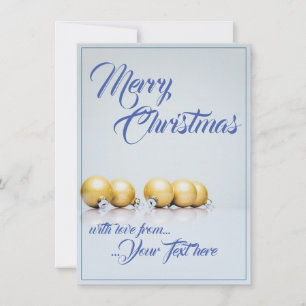 Carte Cinq boules de Noël dorées - écriture bleue