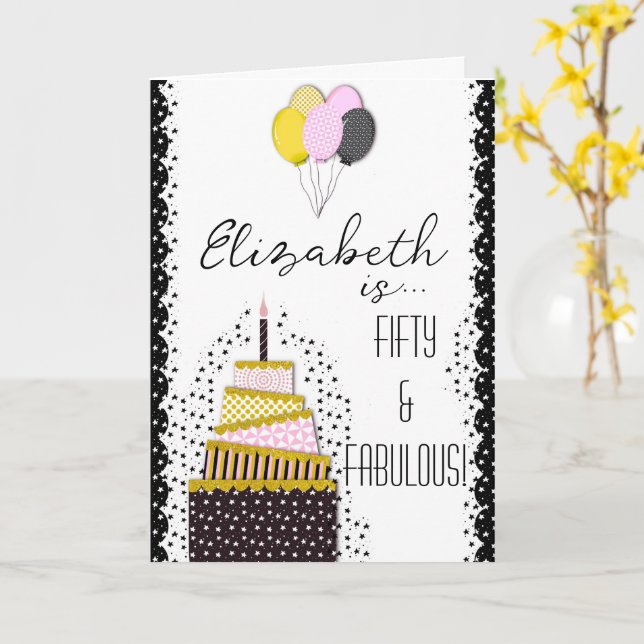 Carte Cinquante ans et Fabuleux Or Noir et Rose Gâteau e (Fleur jaune)