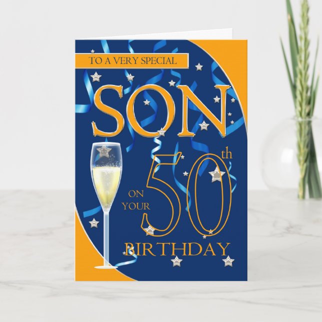 Carte cinquantième Fils d'anniversaire - verre de (Devant)