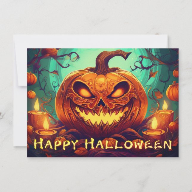 Carte Citrouille à visage effrayant parmi les bougies, H (Devant)
