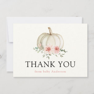 Carte Citrouille blanc et Merci de fleurs rose