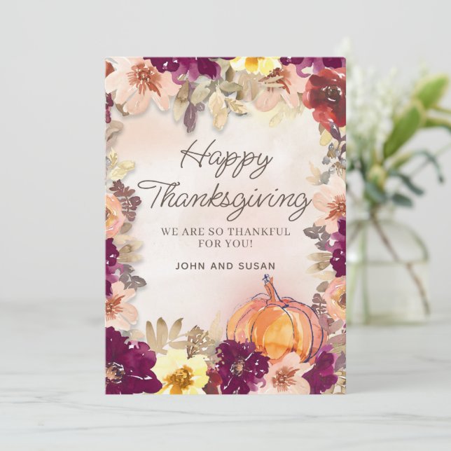 Carte Citrouille Bourgogne rose Floral Thanksgiving Salu (Debout devant)