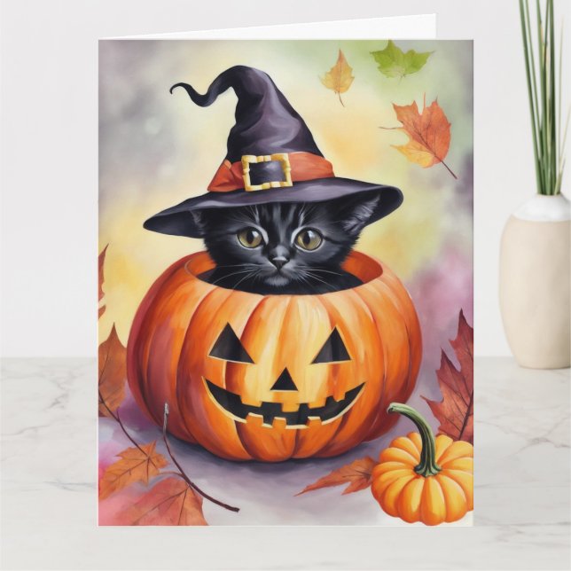 Carte Citrouille Casquette Halloween Black Kitten Witch (Devant)