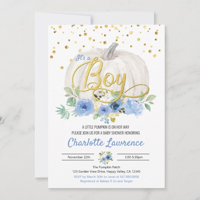 Carte Citrouille C'est un garçon Baby shower Blue Invita (Devant)