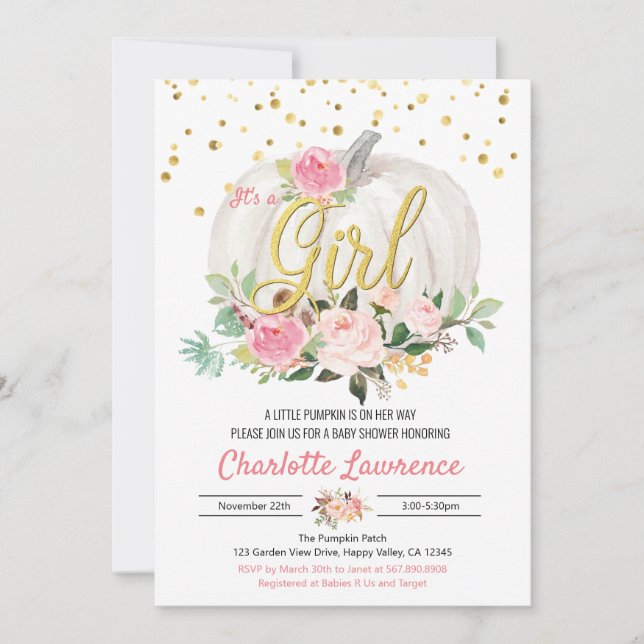 Carte Citrouille C'est une fille Baby shower rose Invita (Devant)