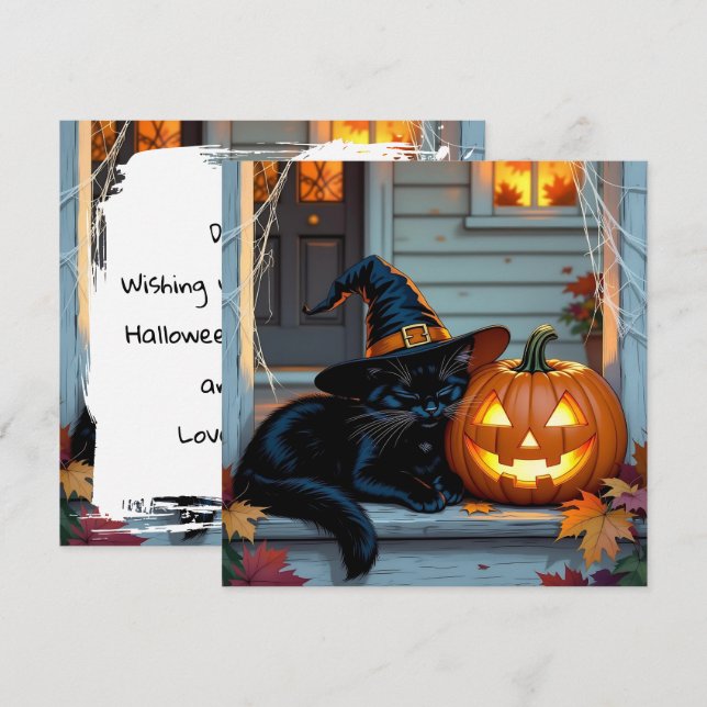 Carte Citrouille de la sieste de chat noir Halloween per (Devant / Derrière)