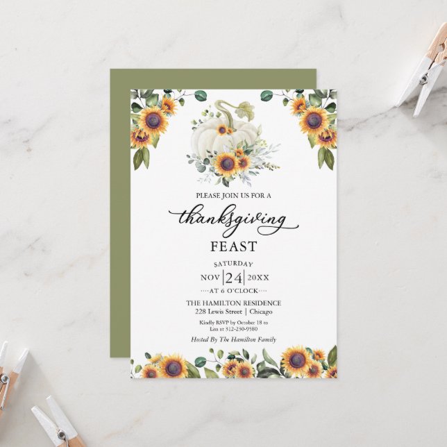 Carte Citrouille de tournesol Thanksgiving Fête Invitati (Devant/Arrière en situation)