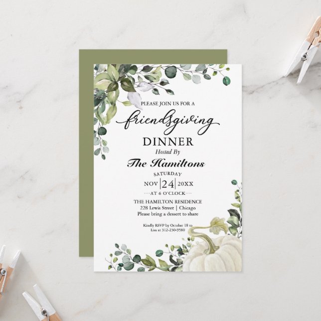 Carte Citrouille de verdure Friendsgiving Diner Invitati (Devant/Arrière en situation)