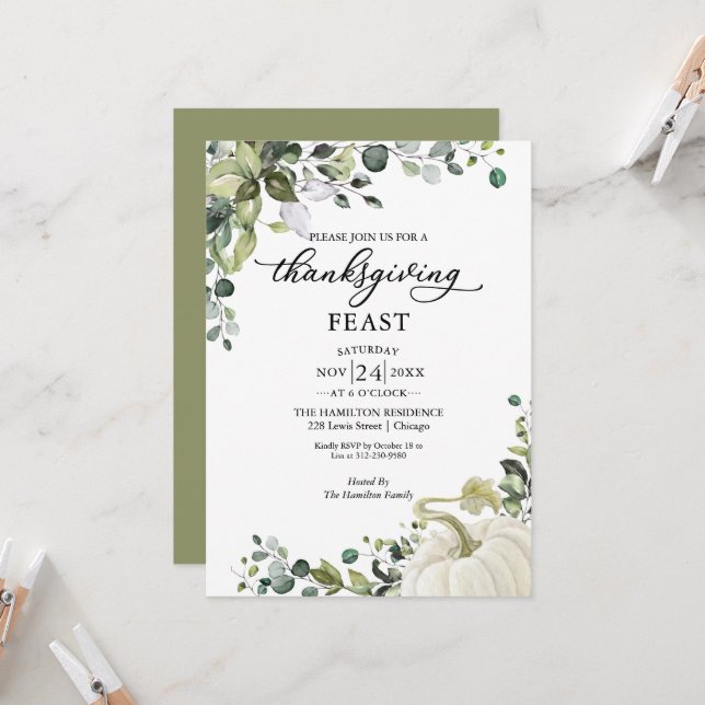 Carte Citrouille de verdure Thanksgiving Feast Invitatio (Devant/Arrière en situation)