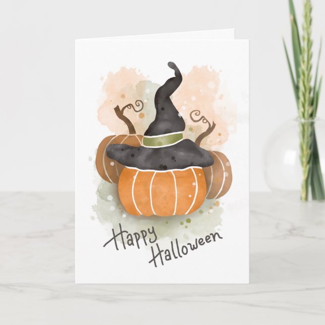 Carte Citrouille d'Halloween avec Casquette de sorcière (Devant)