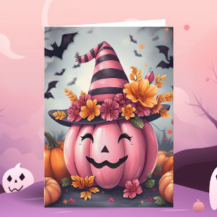 Carte Citrouille d'Halloween rose jolie Jack-o-lantern