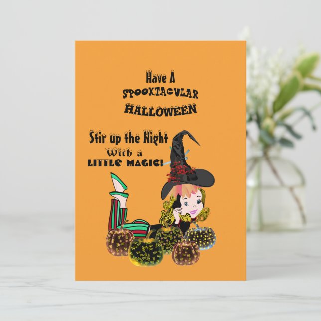 Carte Citrouille Éffrayante Halloween Sorcière fil (Debout devant)