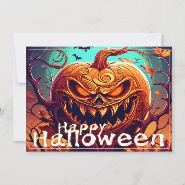 Carte Citrouille orange effrayant avec visage, Halloween (Devant)
