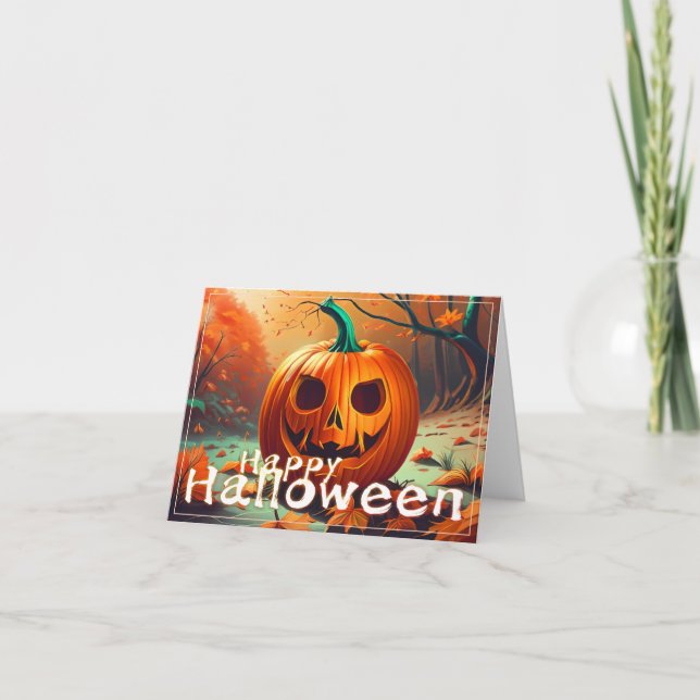 Carte Citrouille orange effrayant avec visage, Halloween (Devant)