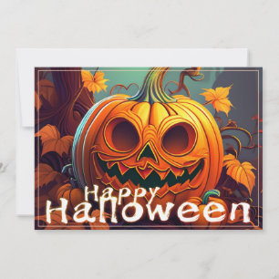 Carte Citrouille orange effrayant avec visage, Halloween