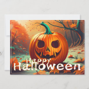 Carte Citrouille orange effrayant avec visage, Halloween