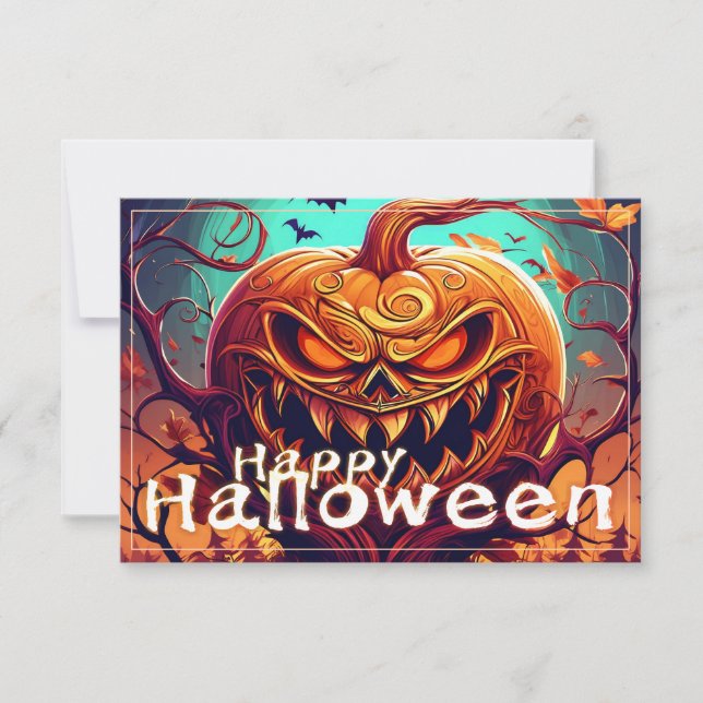 Carte Citrouille orange effrayant avec visage, Halloween (Devant)