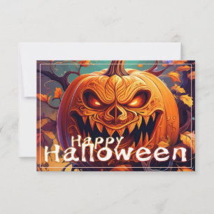 Carte Citrouille orange effrayant avec visage, Halloween