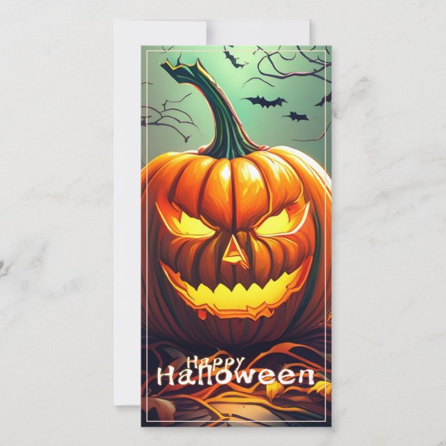 Carte Citrouille orange effrayant avec visage, Halloween (Devant)