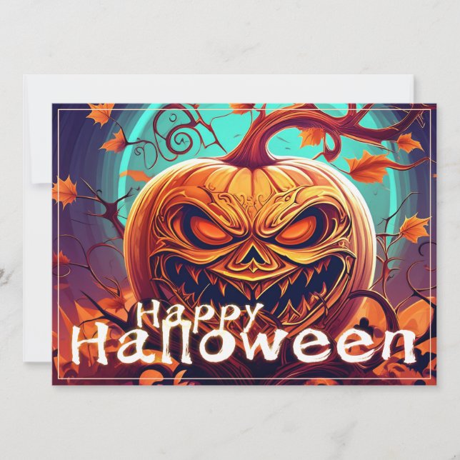 Carte Citrouille orange effrayant avec visage, Halloween (Devant)