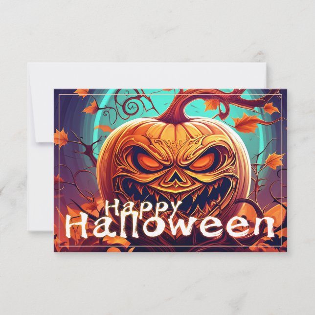 Carte Citrouille orange effrayant avec visage, Halloween (Devant)