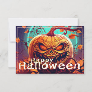 Carte Citrouille orange effrayant avec visage, Halloween