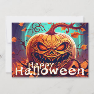 Carte Citrouille orange effrayante avec visage, Hallowee