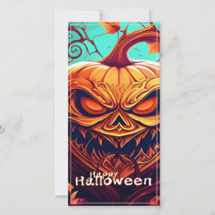 Carte Citrouille orange effrayante avec visage, Hallowee