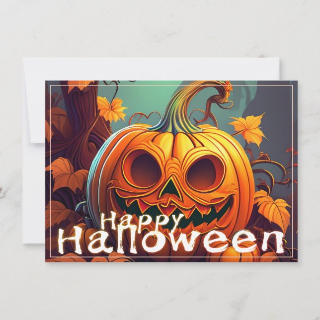 Carte Citrouille orange effrayante avec visage, Hallowee (Devant)
