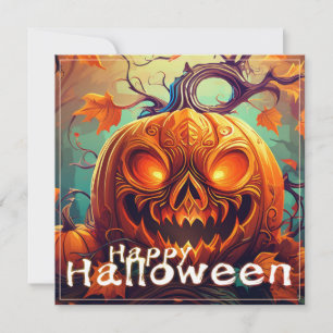 Carte Citrouille orange effrayante avec visage, Hallowee