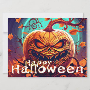 Carte Citrouille orange effrayante avec visage, Hallowee