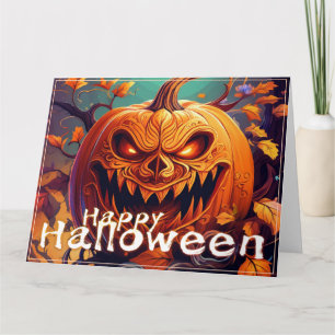 Carte Citrouille orange effrayante avec visage, Hallowee