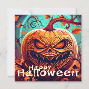 Carte Citrouille orange effrayante avec visage, Hallowee