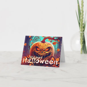 Carte Citrouille orange effrayante avec visage, Hallowee