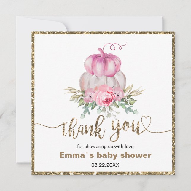 Carte Citrouille rose Floral Automne merci (Devant)