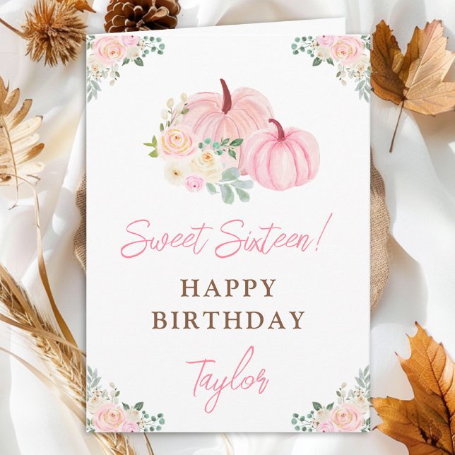 Carte Citrouille rose Sweet sixteen Floral Anniversaire (Créateur téléchargé)